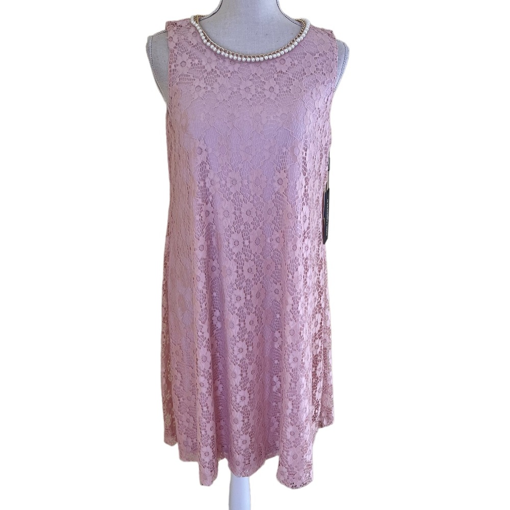 Karl Lagerfeld Paris Pink Lace Sleeveless Trapeze Dress with Chain/Pearl Trim